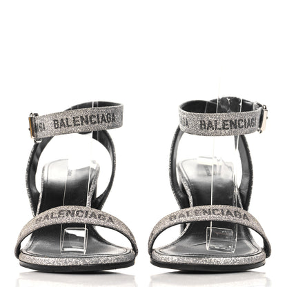 Balenciaga Glitter Allover Logo Ankle Strap Round Heel 80mm Sandals 38 Silver Black 3 of 9