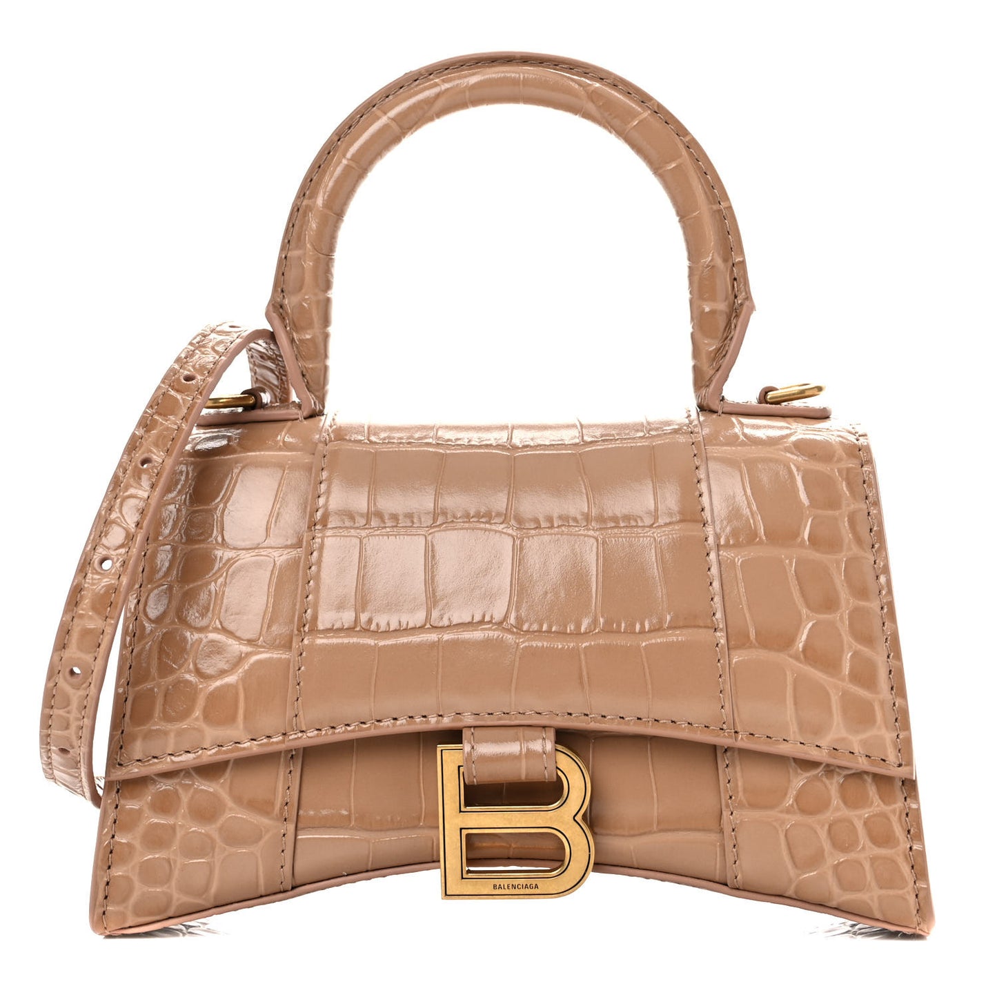 Shiny Calfskin Crocodile Embossed Hourglass Top Handle Bag XS Nude Beige