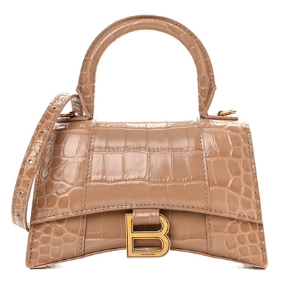 Balenciaga Shiny Calfskin Crocodile Embossed Hourglass Top Handle Bag XS Nude Beige 1 of 9