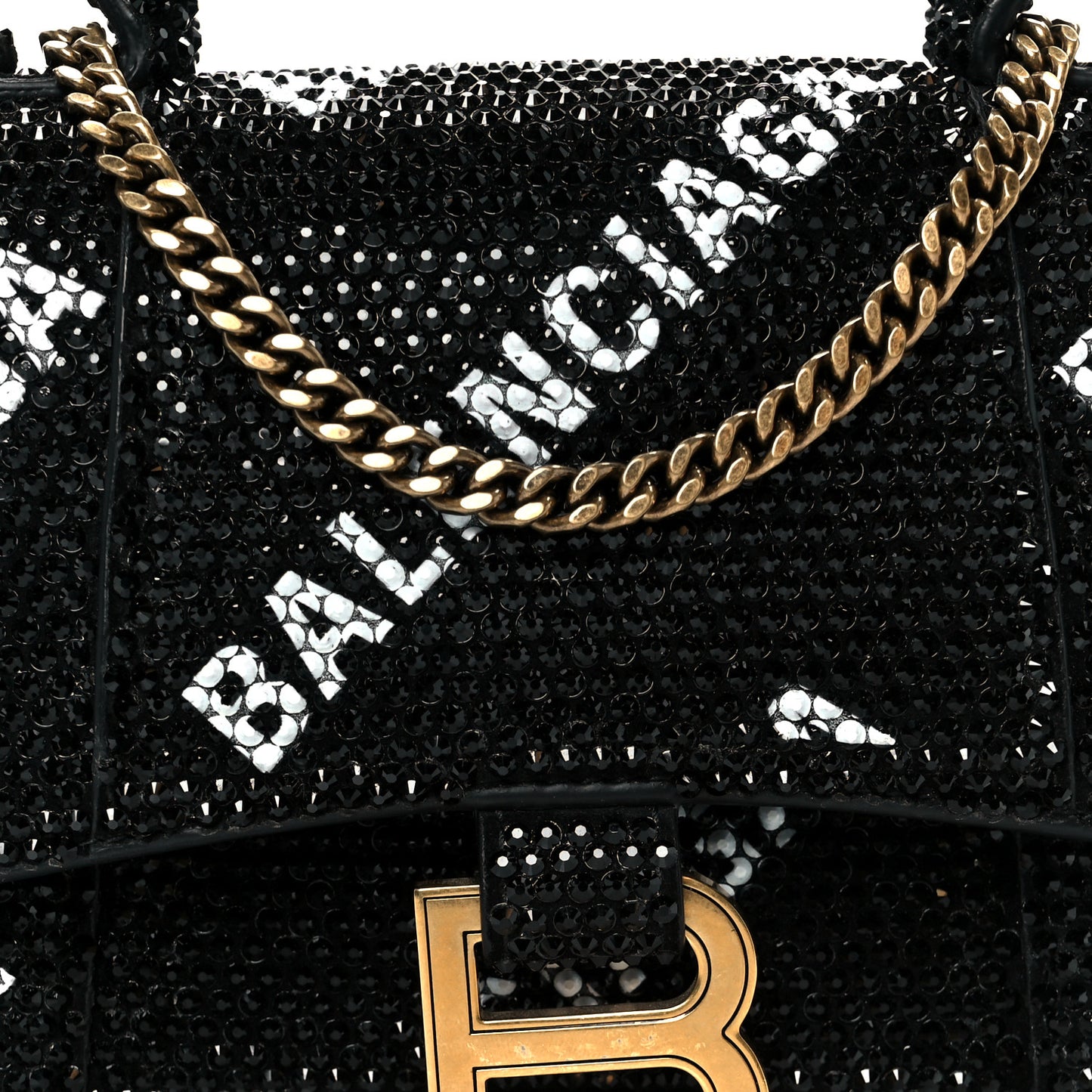 Strass Suede Allover Logo Hourglass Top Handle Bag XS with Chain Black White Black White