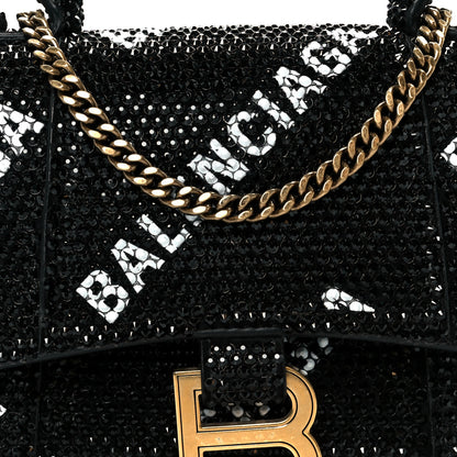 Balenciaga Strass Suede Allover Logo Hourglass Top Handle Bag XS with Chain Black White Black White 9 of 11