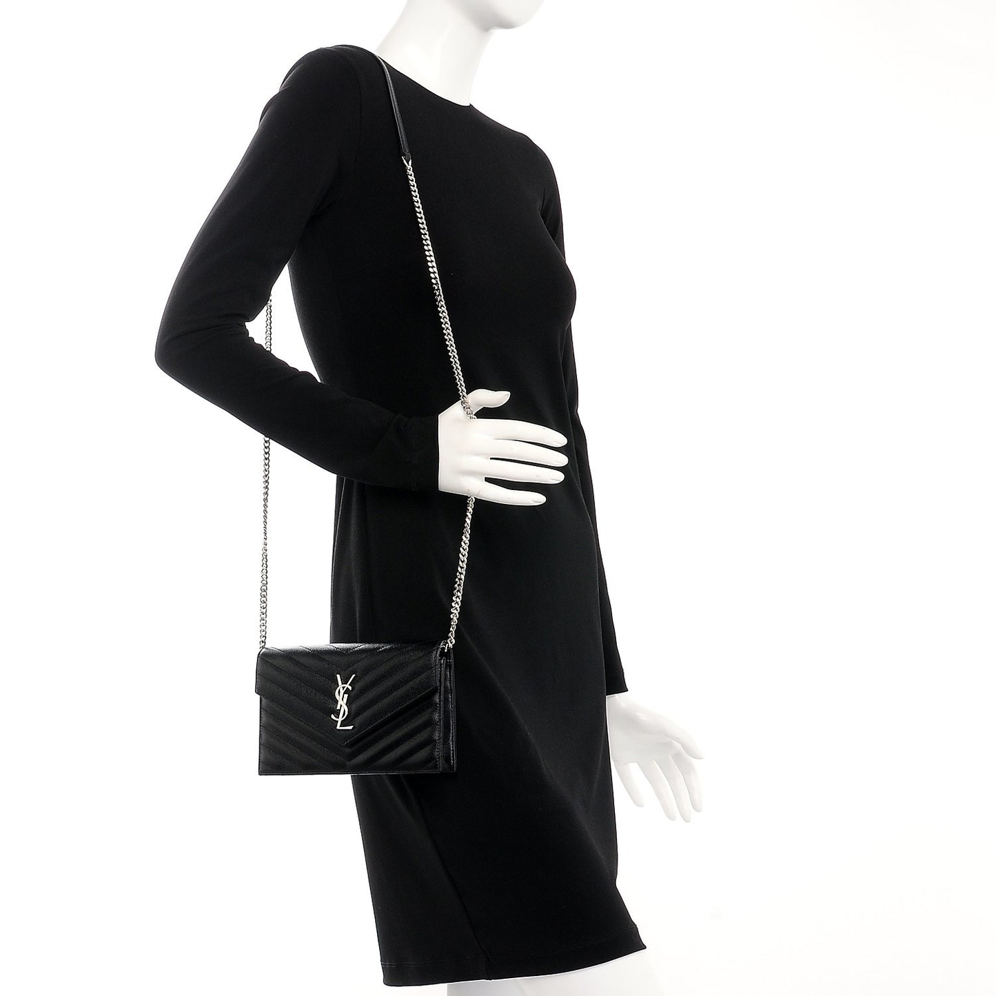 Grain De Poudre Matelasse Chevron Monogram Envelope Chain Wallet Black