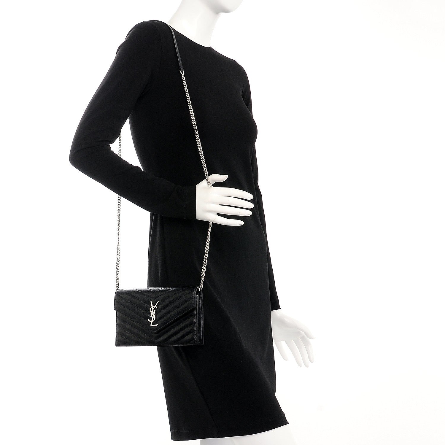 Saint Laurent Grain De Poudre Matelasse Chevron Monogram Envelope Chain Wallet Black 2 of 8