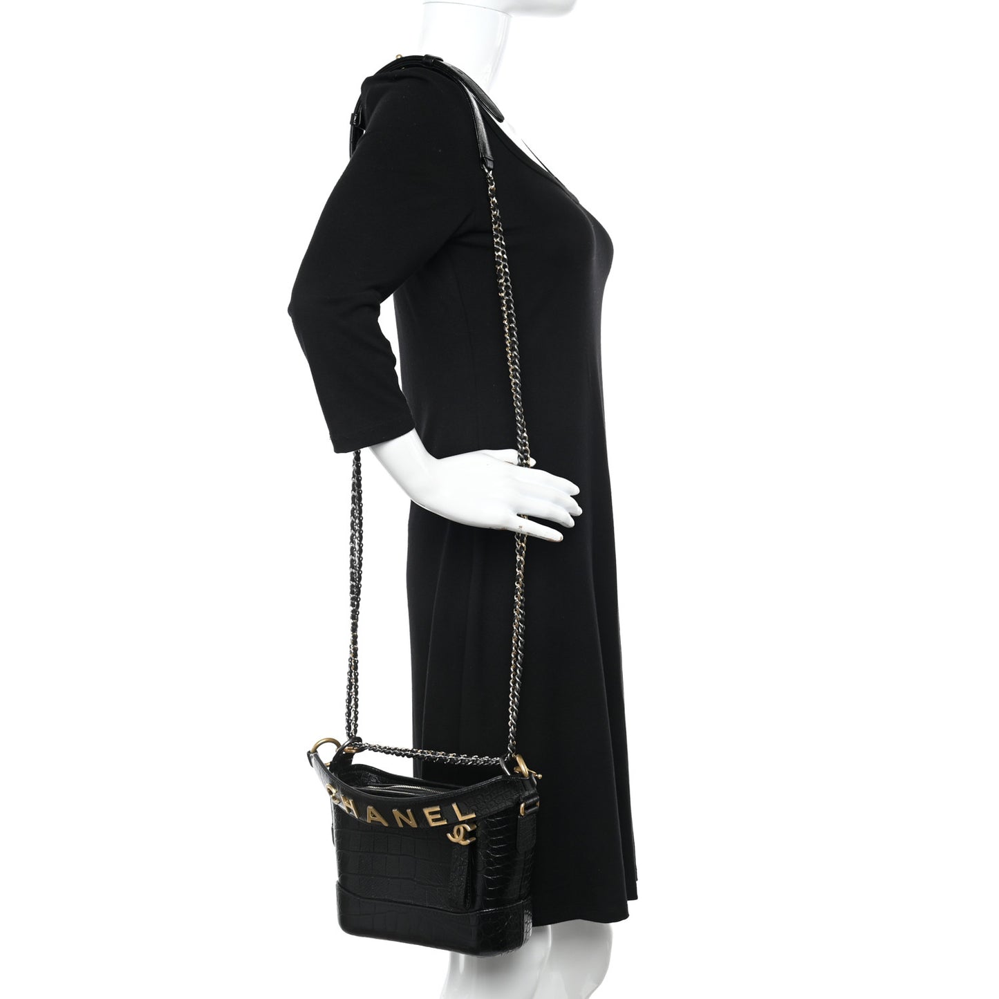 Calfskin Crocodile Embossed Small Gabrielle Cocodile Hobo Black