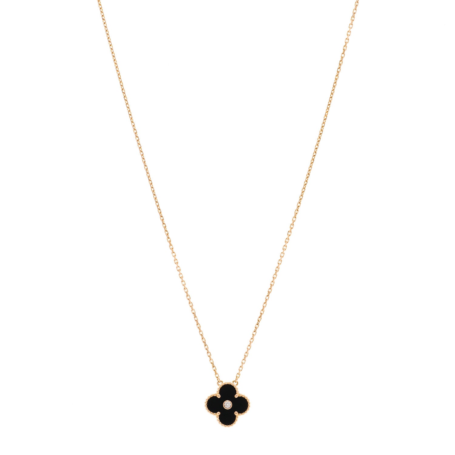 Van Cleef & Arpels 18K Rose Gold Diamond Black Onyx Vintage Alhambra Pendant Necklace 1 of 4