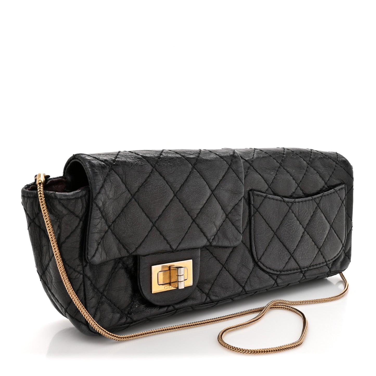 Glazed Calfskin Quilted Reissue Double Flap Clutch Black