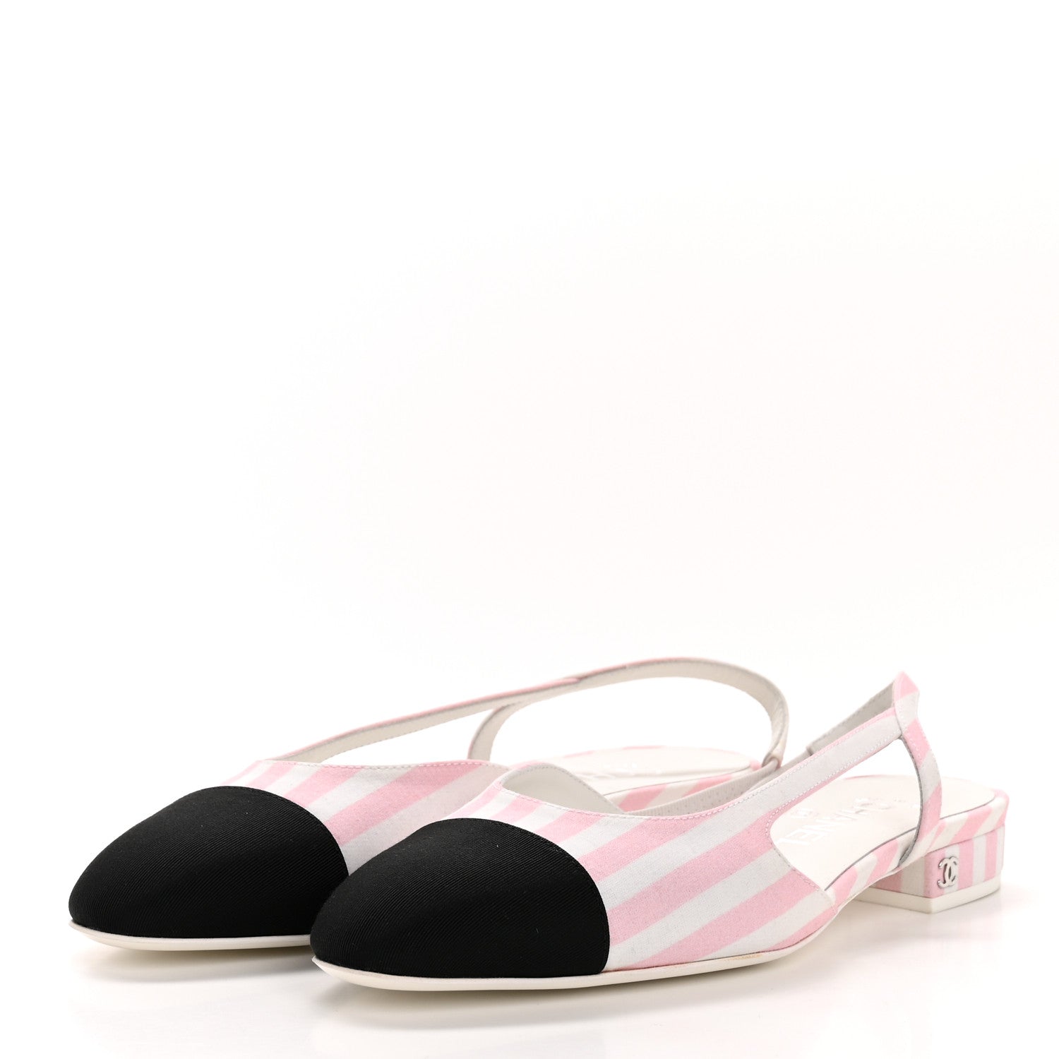 Chanel Printed Fabric Grosgrain Cap Toe Slingback Flats 37 White Pink Black 4 of 11