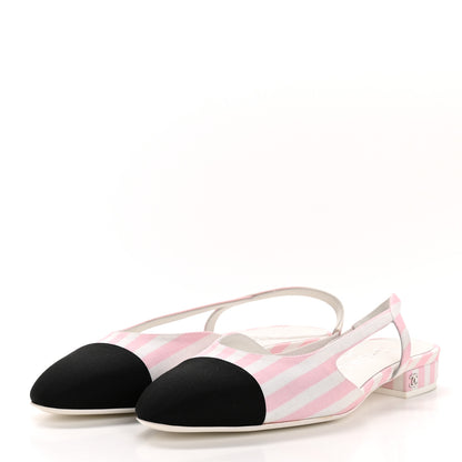 Chanel Printed Fabric Grosgrain Cap Toe Slingback Flats 37 White Pink Black 4 of 11