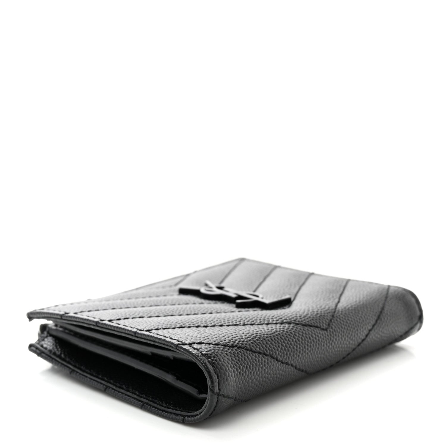 Saint Laurent Grain De Poudre Matelasse Chevron Monogram Zipped Card Case Black 4 of 9