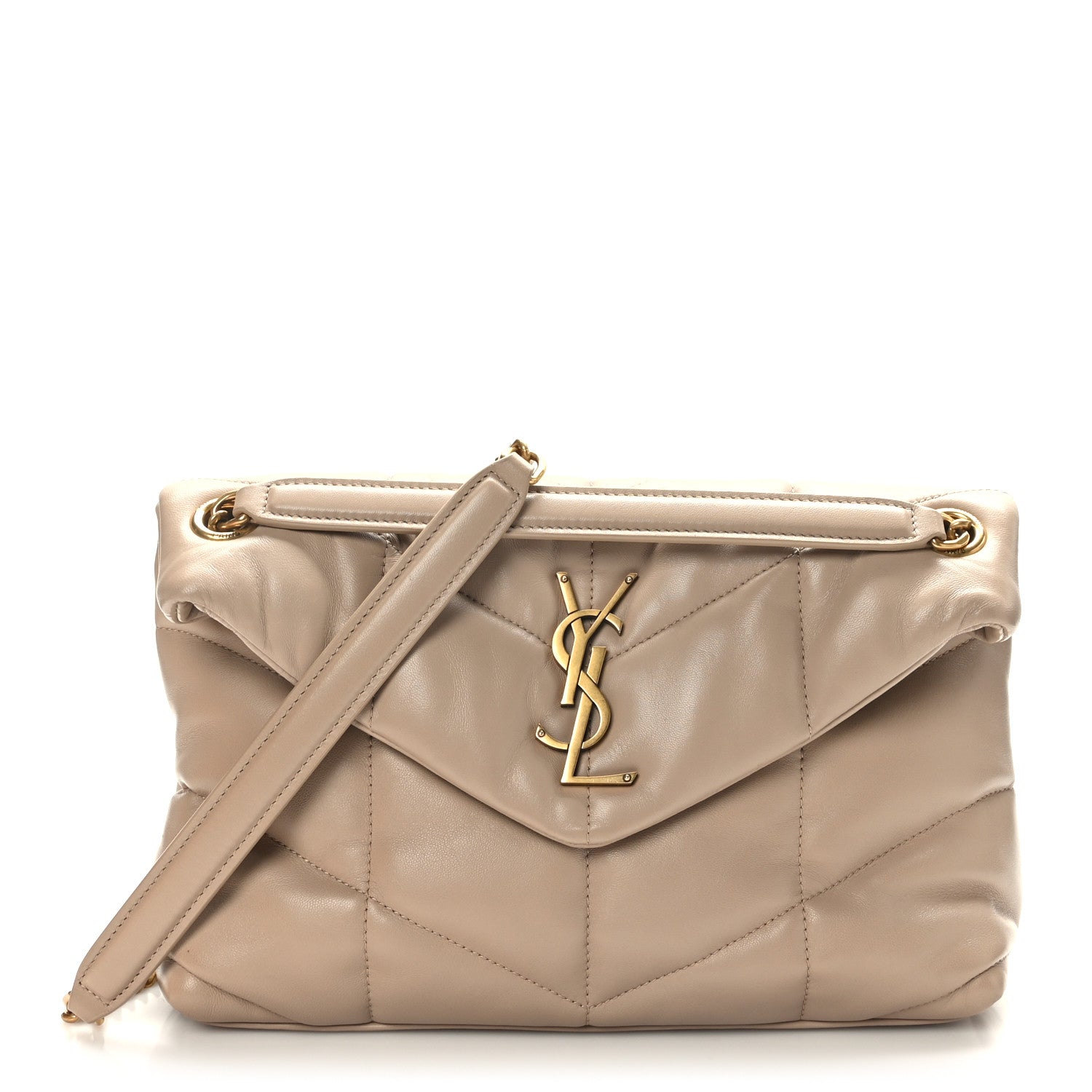 Saint Laurent Lambskin Quilted Small Loulou Puffer Monogram Chain Satchel Dark Beige 1 of 10