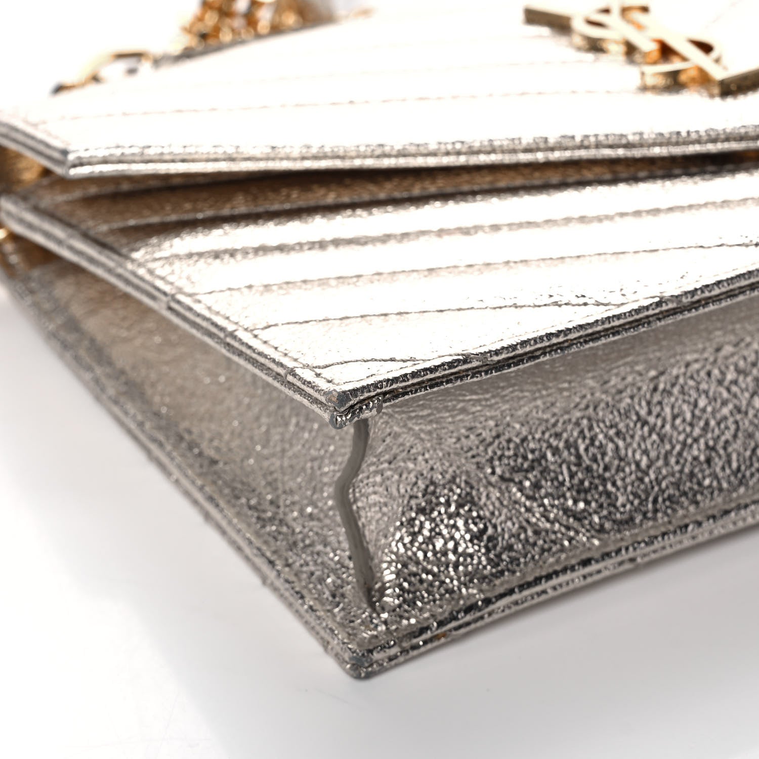 Saint Laurent Metallic Crackled Calfskin Matelasse Chevron Monogram Envelope Chain Wallet Gold 7 of 11