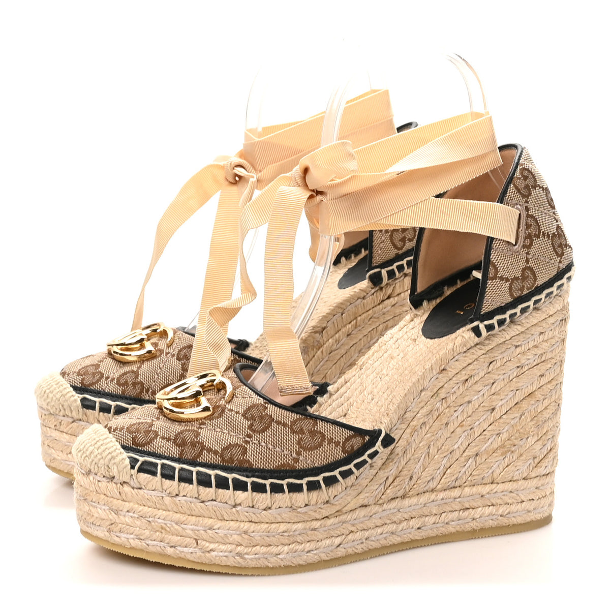 Monogram Matelasse GG Marmont Ankle Wrap Platform 35/120mm Espadrille Wedges 37.5 Beige Ebony Black Sand Storm