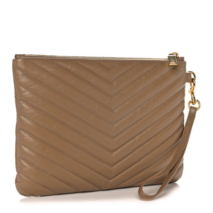 Saint Laurent Calfskin Matelasse Chevron Monogram Zip A4 Pouch Cork 4 of 12