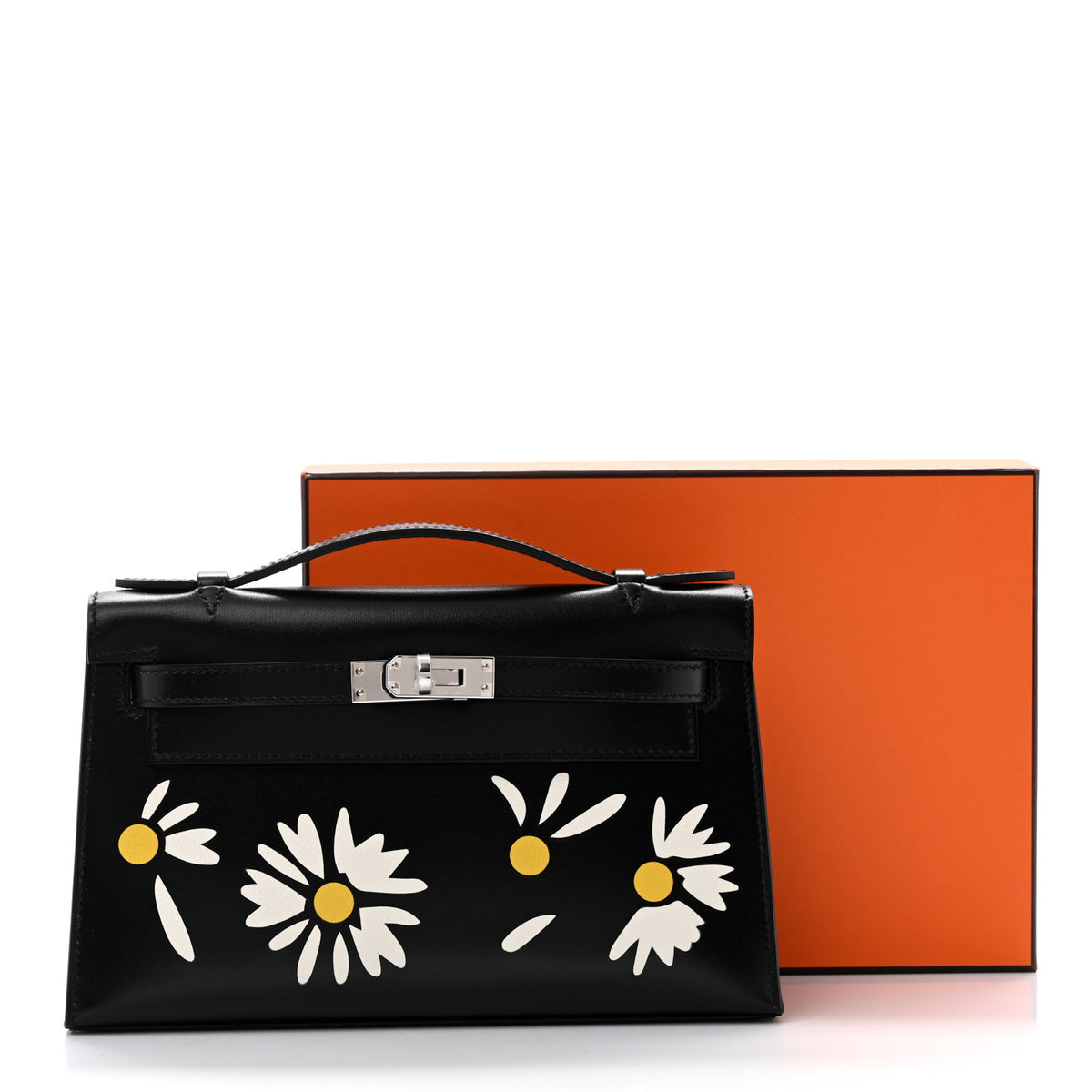 Box Marquetry Daisies Kelly Pochette Clutch Black White Jaune De Naples