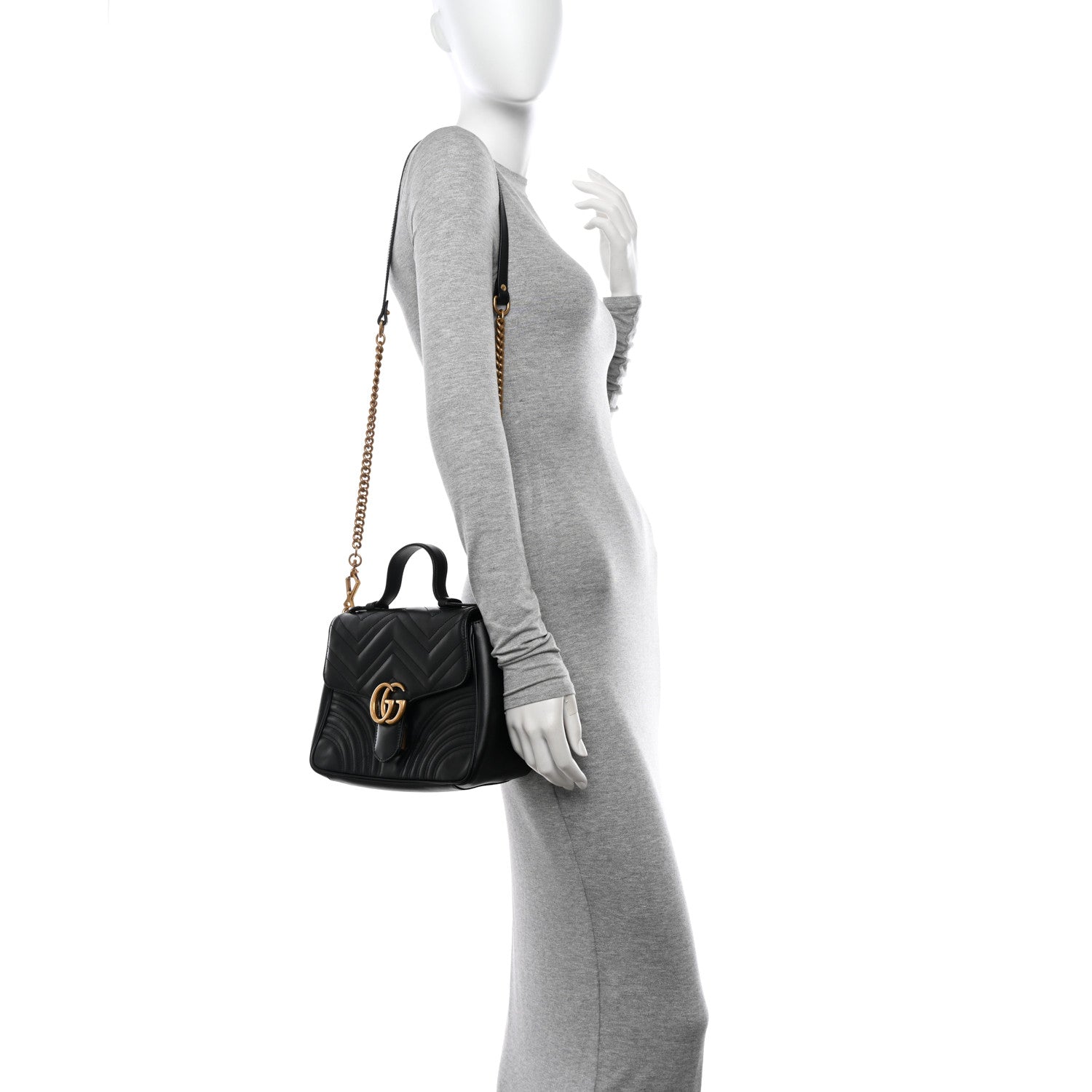 Gucci Calfskin Matelasse Small GG Marmont Top Handle Shoulder Bag Black 2 of 15