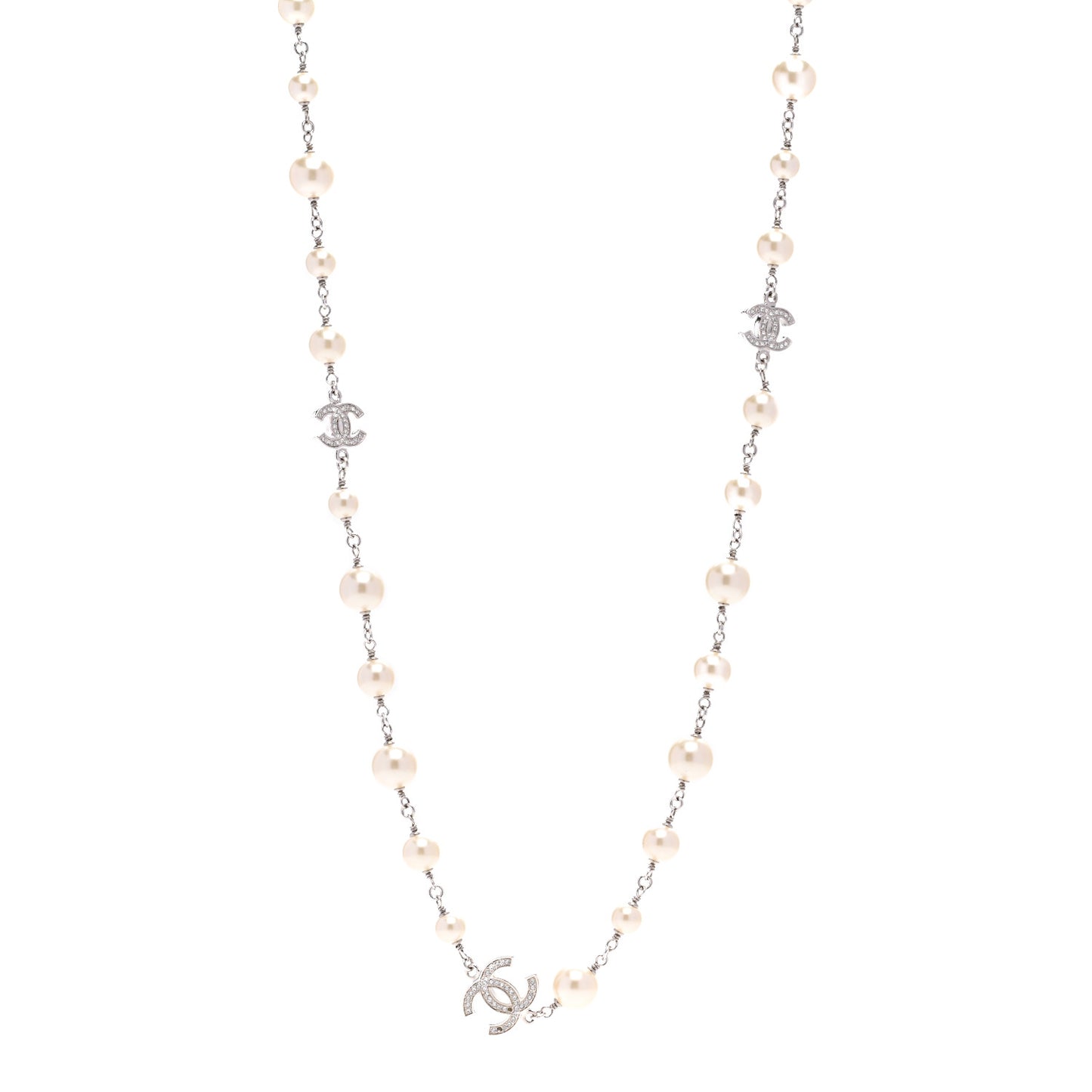 Graduated Pearl Crystal CC Long Necklace Silver