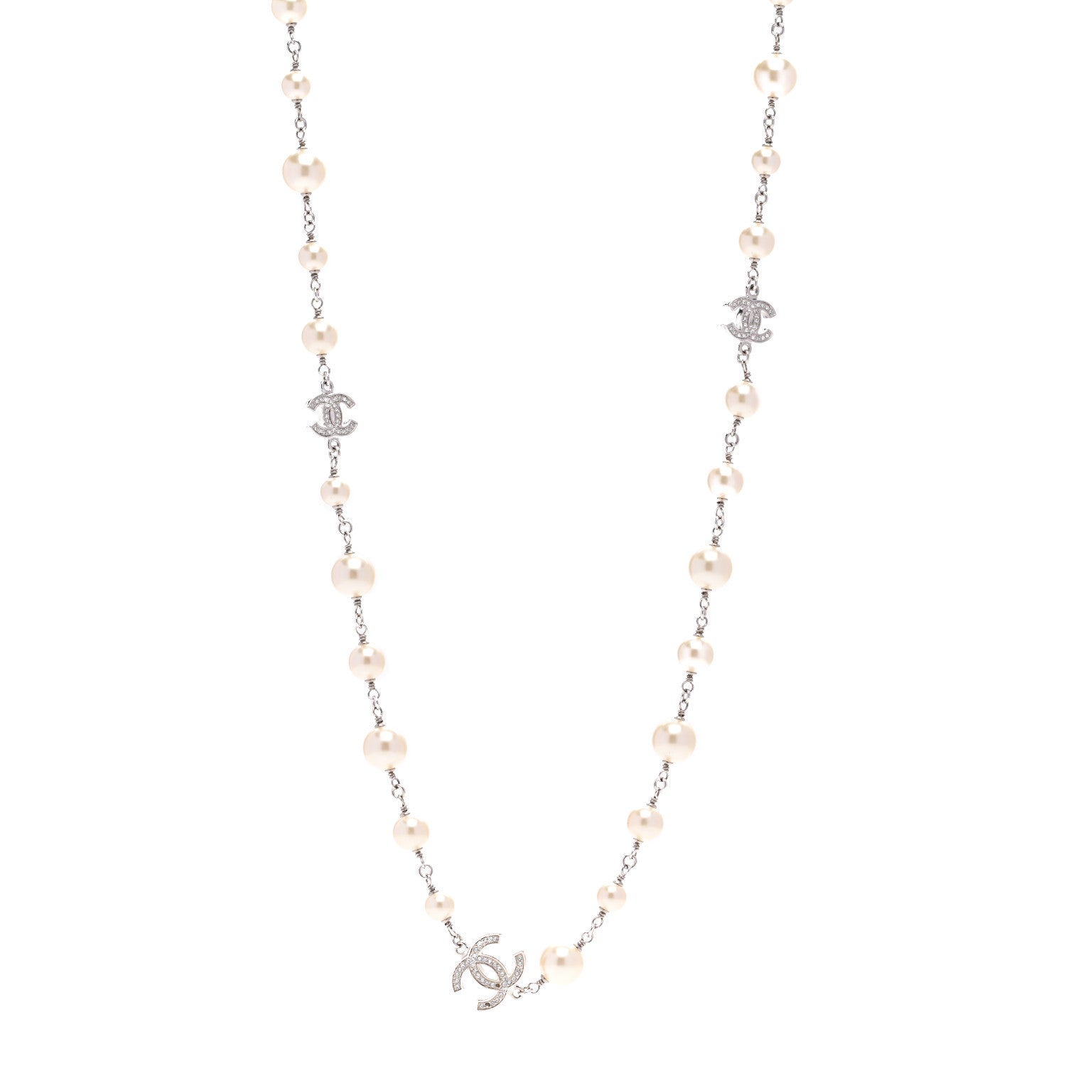 Chanel Graduated Pearl Crystal CC Long Necklace Silver 1 of 6