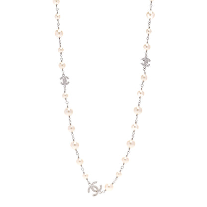 Chanel Graduated Pearl Crystal CC Long Necklace Silver 1 of 6