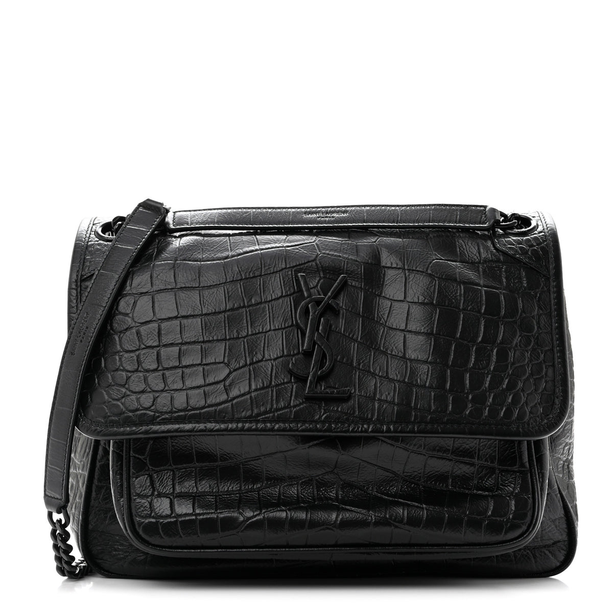 Nubuck Crocodile Embossed Monogram Medium Niki Chain Satchel Black
