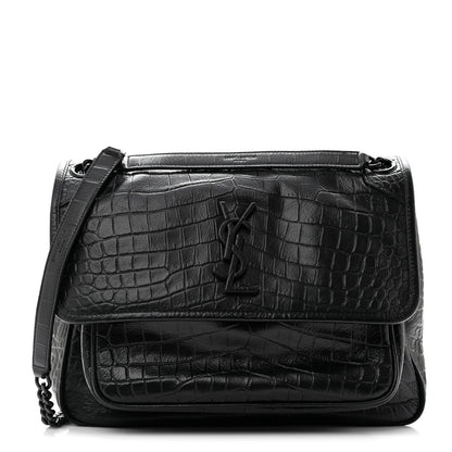 Saint Laurent Nubuck Crocodile Embossed Monogram Medium Niki Chain Satchel Black 1 of 10