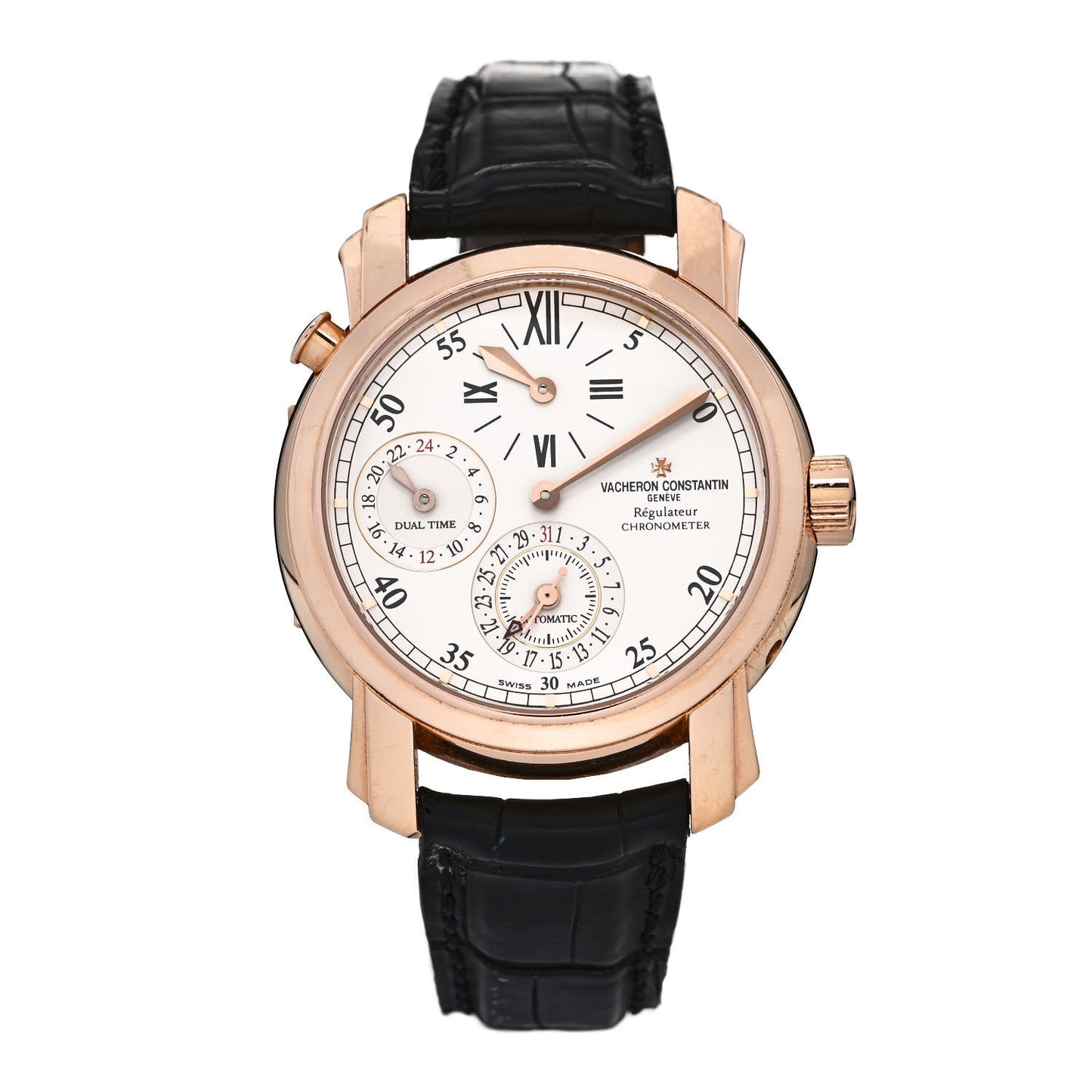 18K Rose Gold Alligator 39mm Malte Dual Time Automatic Watch White 42005