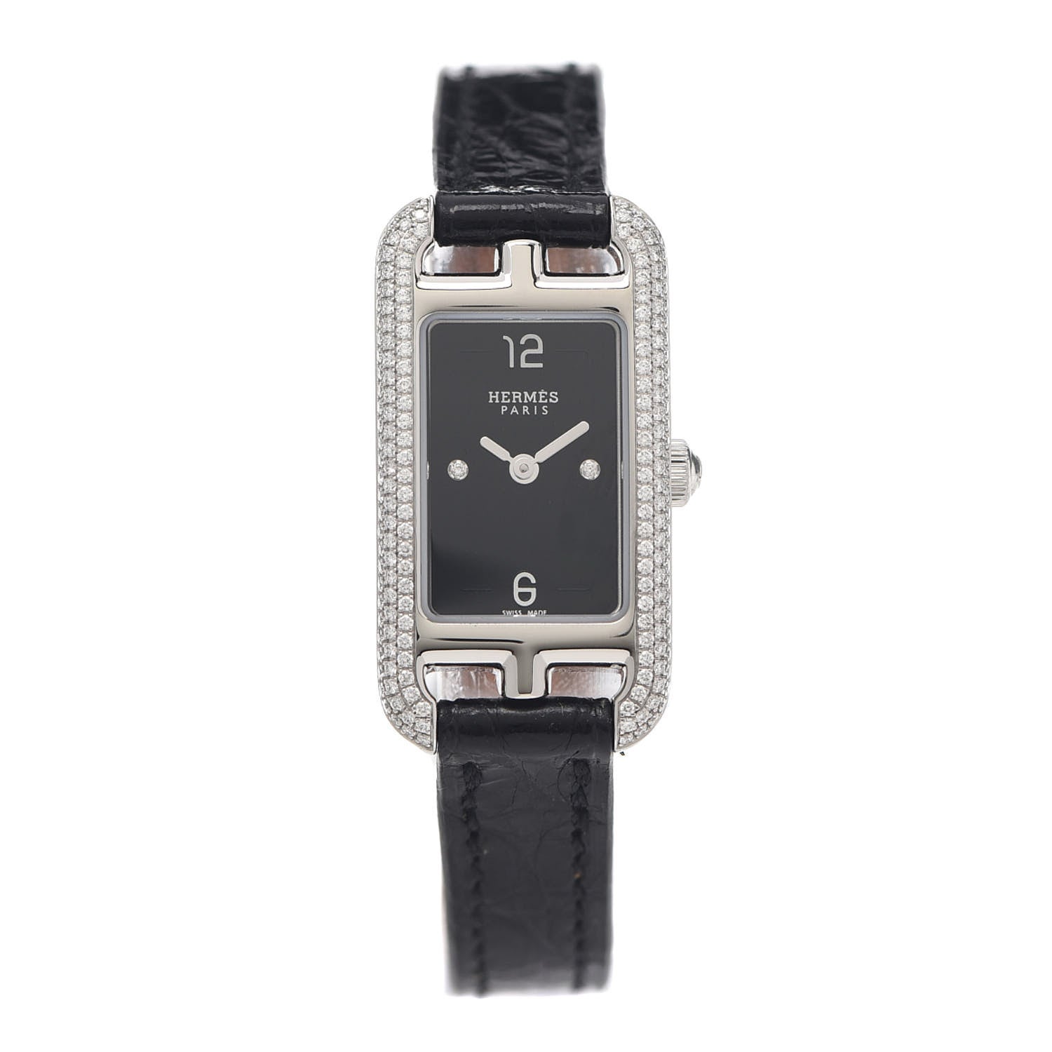 Hermes Stainless Steel Alligator Diamond 17mm Nantucket Serti Joaillier Quartz Watch Noir 1 of 5