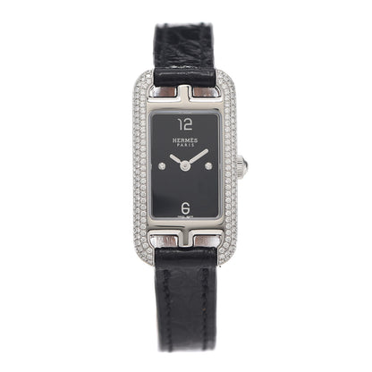 Hermes Stainless Steel Alligator Diamond 17mm Nantucket Serti Joaillier Quartz Watch Noir 1 of 5