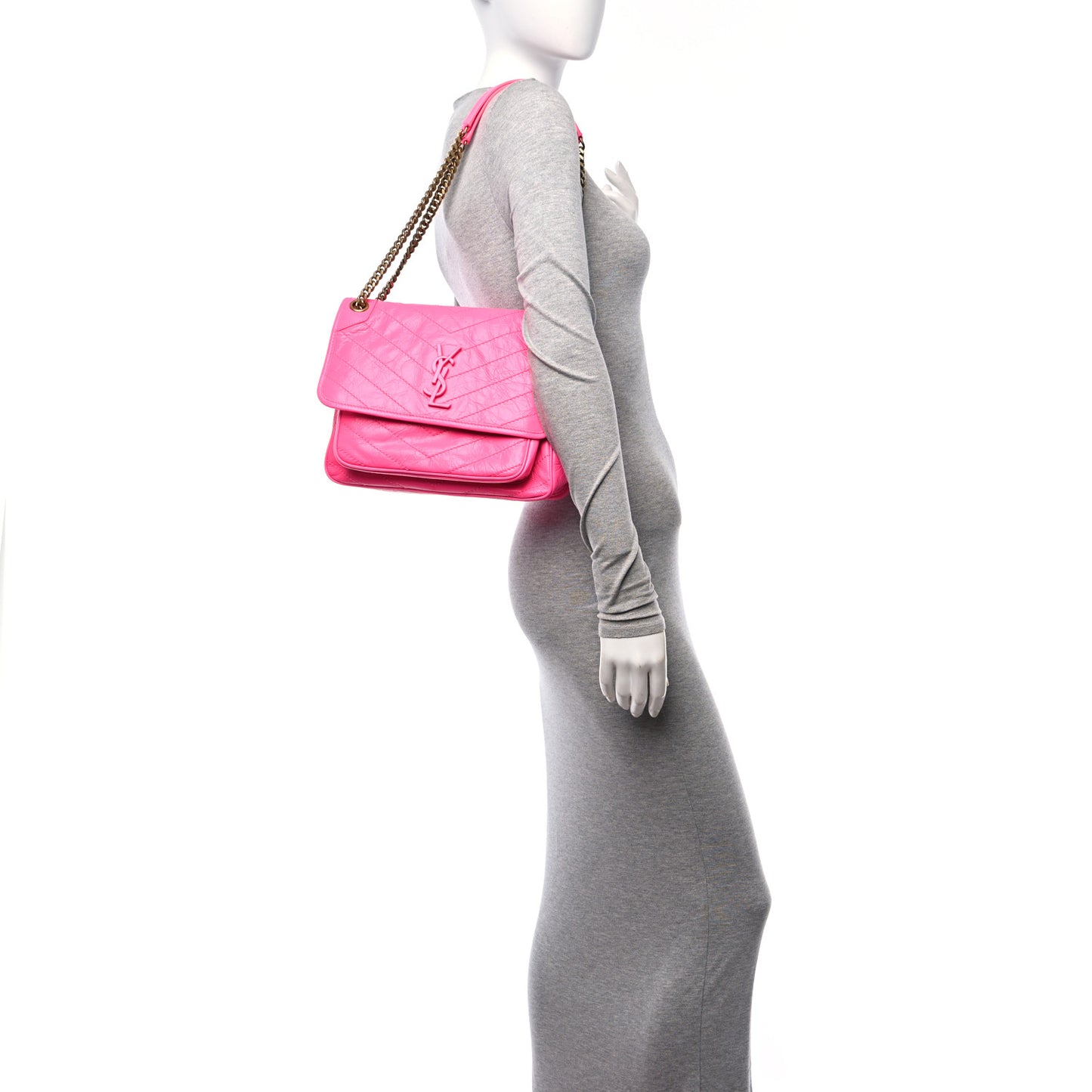 Crinkled Calfskin Matelasse Monogram Medium Niki Chain Satchel Rose Glow