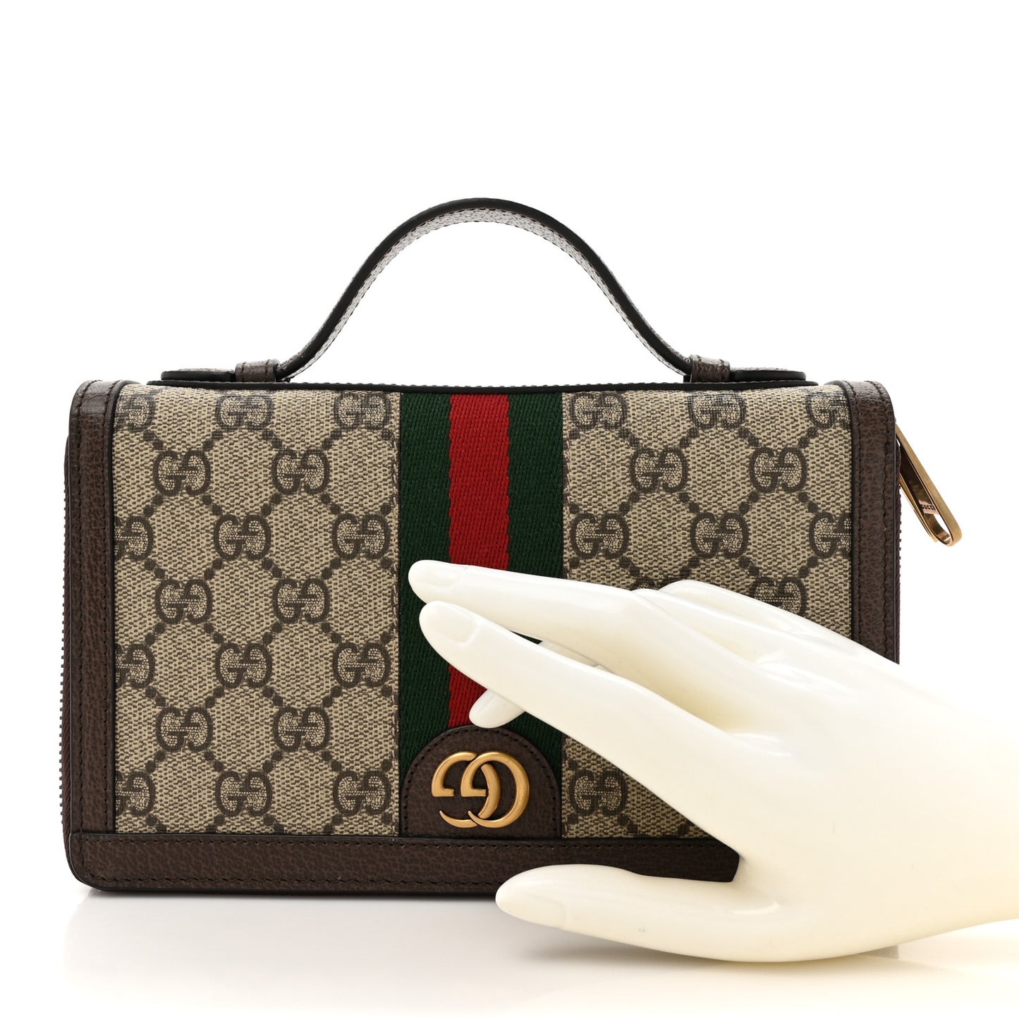 GG Supreme Monogram Textured Dollar Calfskin Web Ophidia Travel Document Case Beige Ebony New Acero