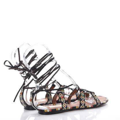 Valentino Garavani Calfskin Primitive Print Gladiator Sandals 38 Black Multi 4 of 8