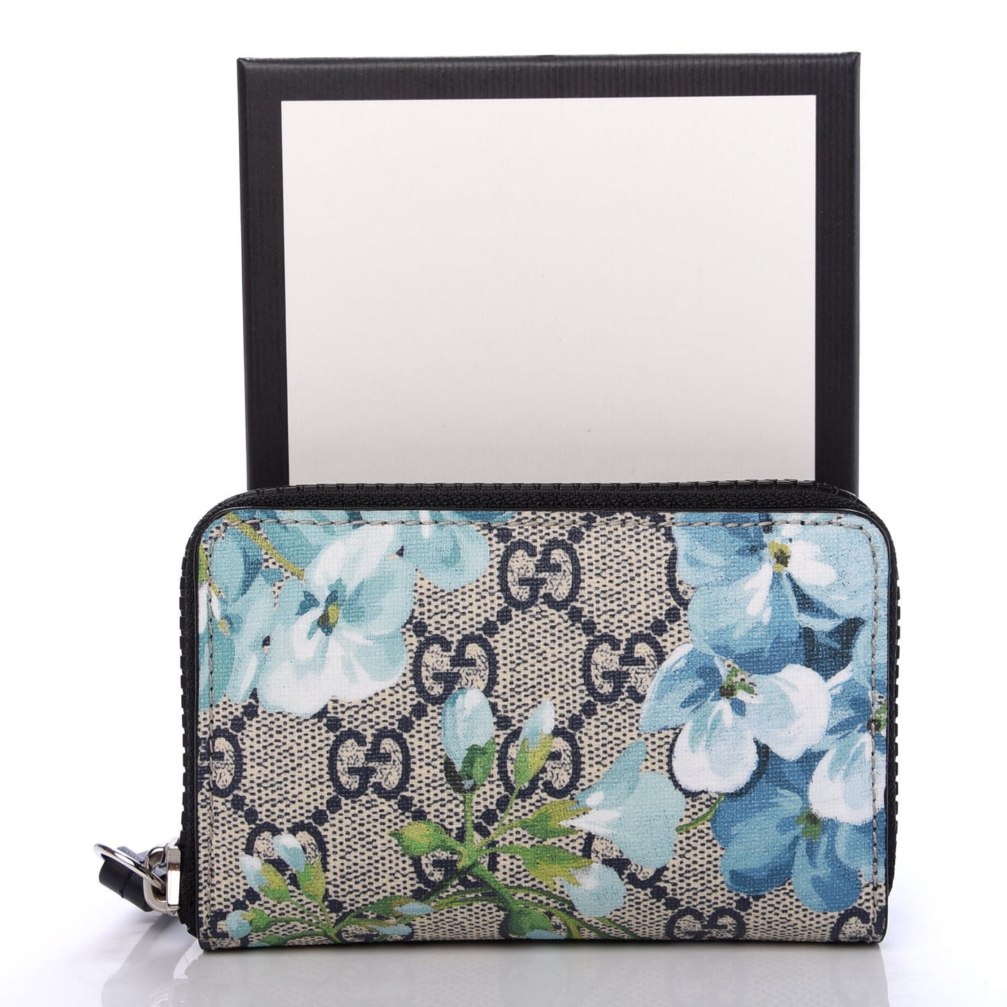 GG Supreme Monogram Blooms Zip Around Card Case Wallet Beige Blue Navy