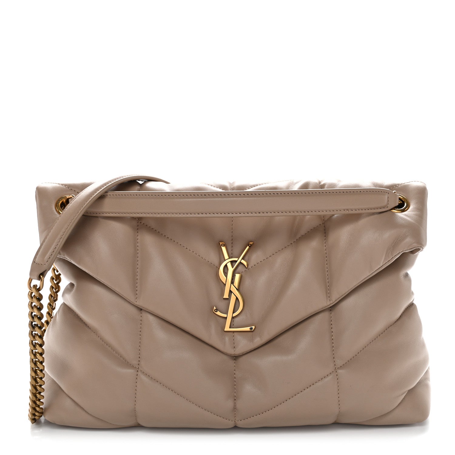 Saint Laurent Lambskin Quilted Medium Loulou Puffer Monogram Chain Satchel Dark Beige 1 of 11