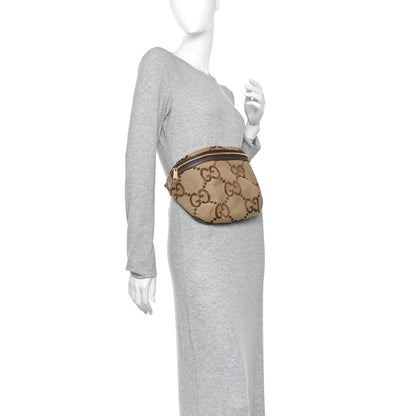 Gucci Monogram Jumbo GG Textured Dollar Calfskin Web Belt Bag Camel Ebony New Acero 2 of 12