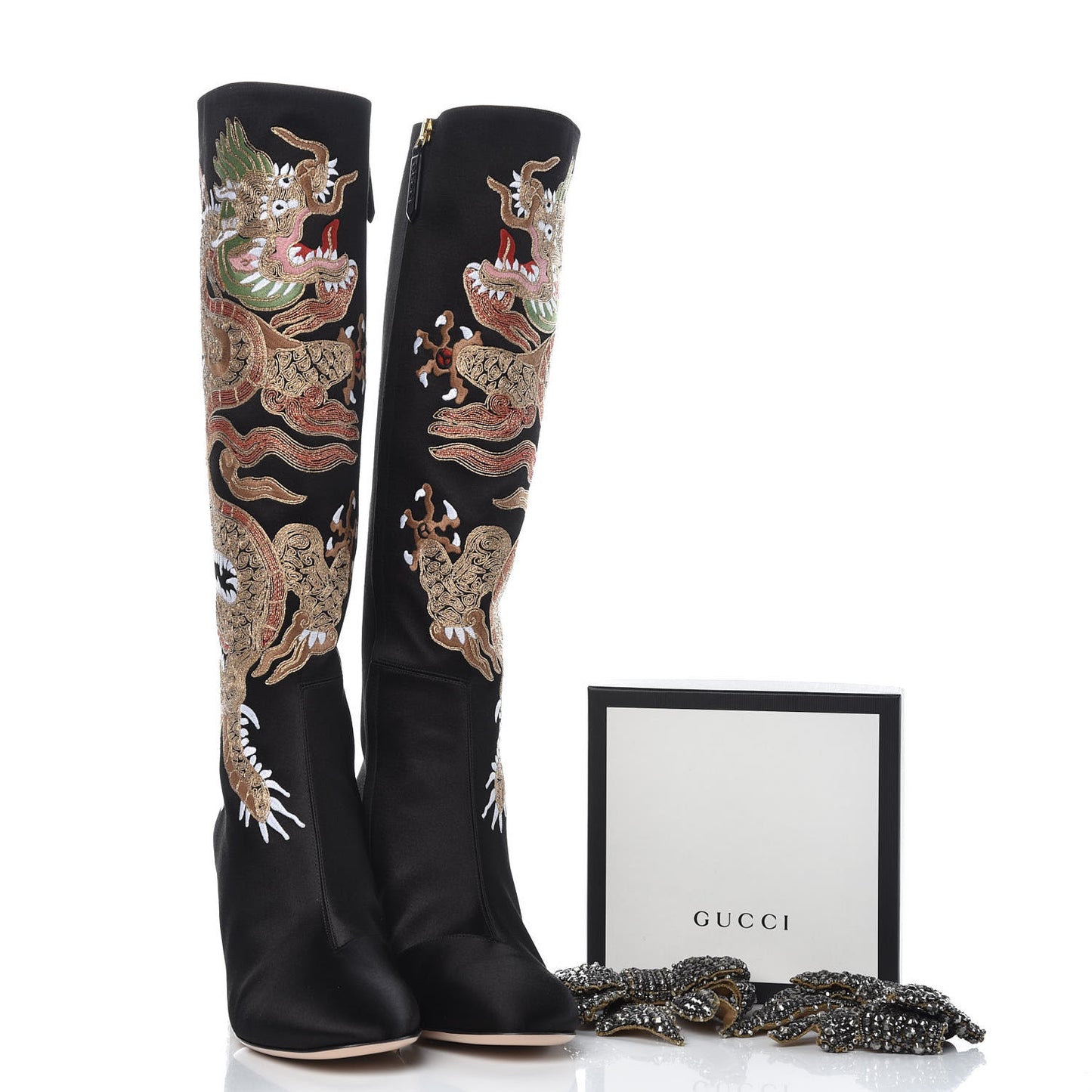 Silk Satin Malaga Kid Embroidered Candy Dragon Block-Heel Knee Boot 38 Black