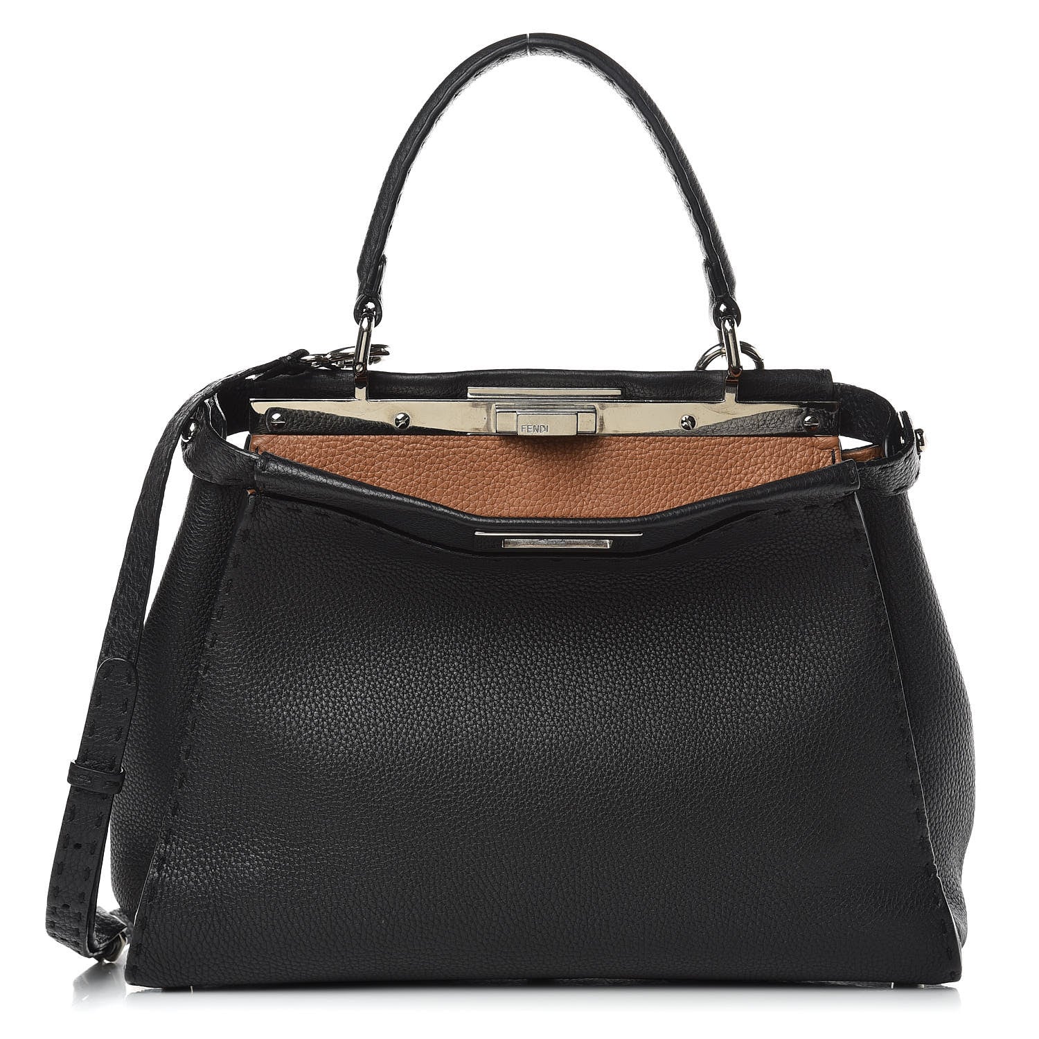 Fendi Cuoio Romano Selleria Bi-Color Medium Peekaboo Iconic Satchel Black Mou 1 of 13