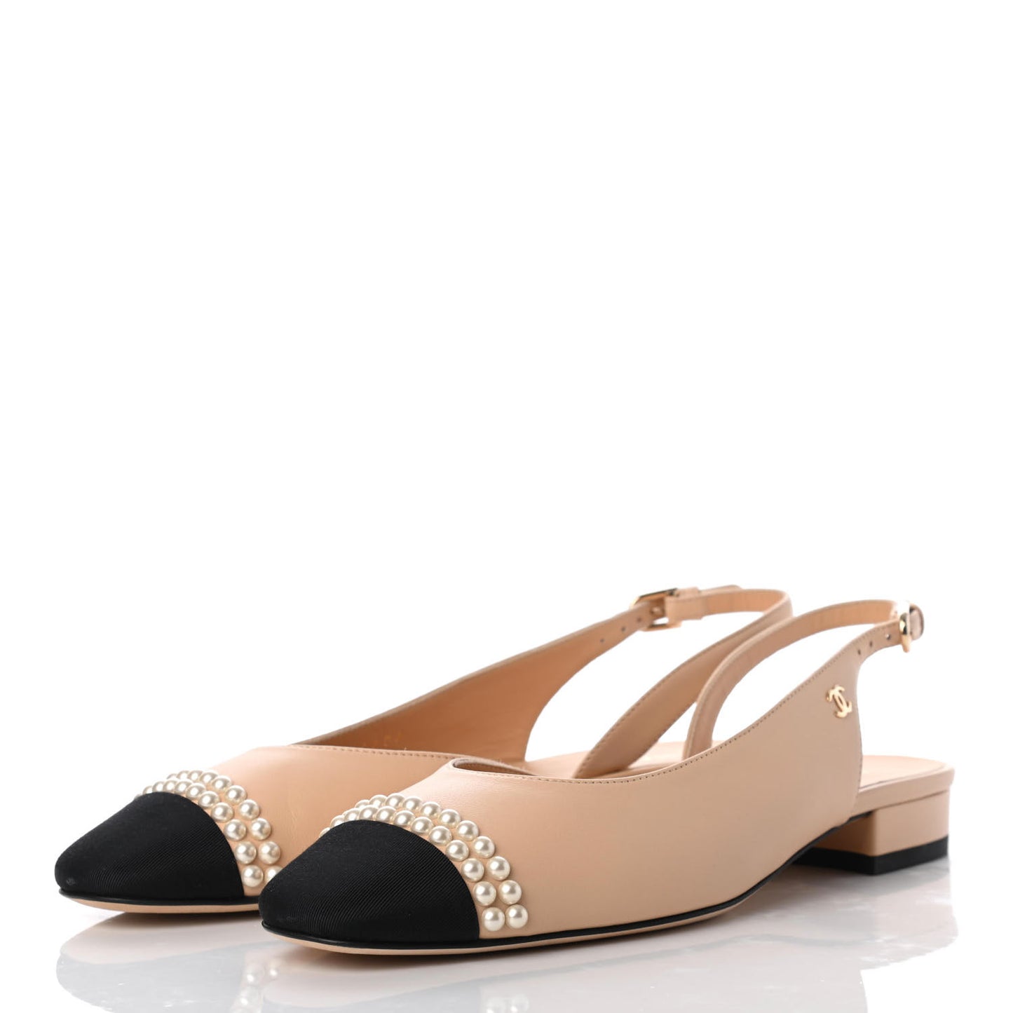 Lambskin Grosgrain Pearl Cap Toe CC Slingback Flats 37.5 Beige Black
