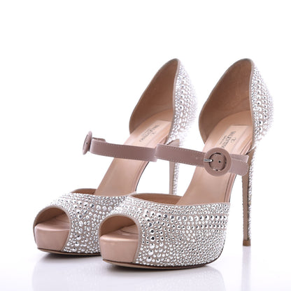 Valentino Garavani Suede Strass Crystal Peep Toe Mary Jane Platform Sandals 37.5 Poudre 3 of 11
