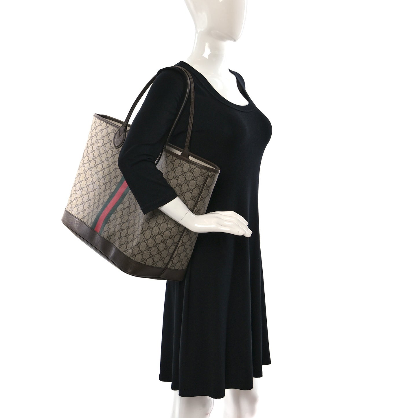 GG Supreme Monogram Textured Dollar Calfskin Web Large Ophidia Tote Beige Ebony New Acero