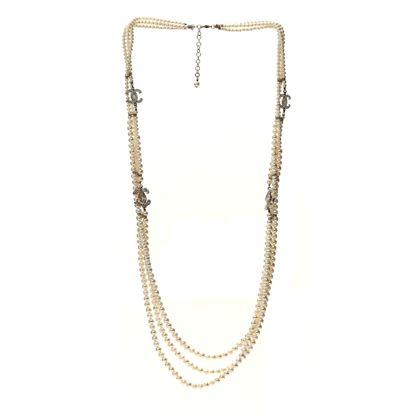 Pearl Crystal Baguette Multi Strand CC Necklace Gold