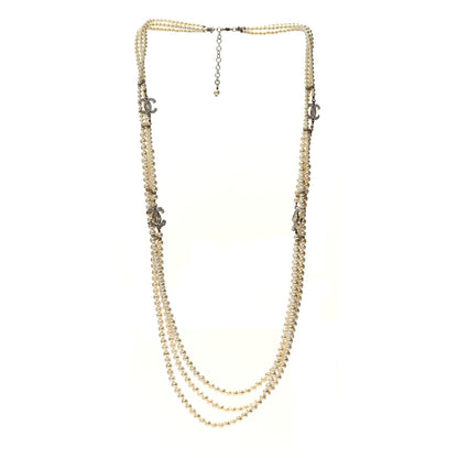 Chanel Pearl Crystal Baguette Multi Strand CC Necklace Gold 3 of 8