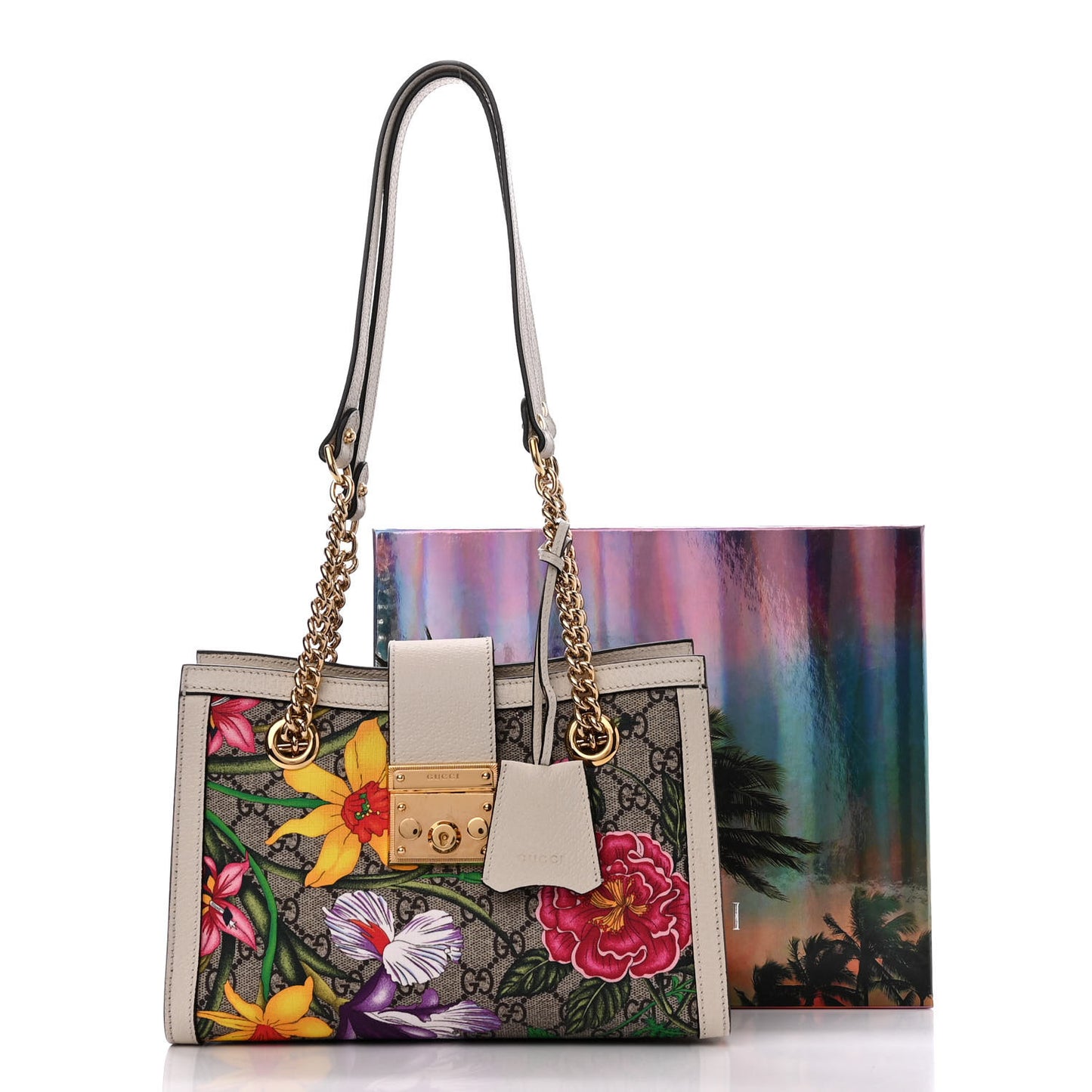 GG Supreme Monogram Flora Textured Calfskin Small Padlock Tote Beige Ebony Multicolor Mystic White