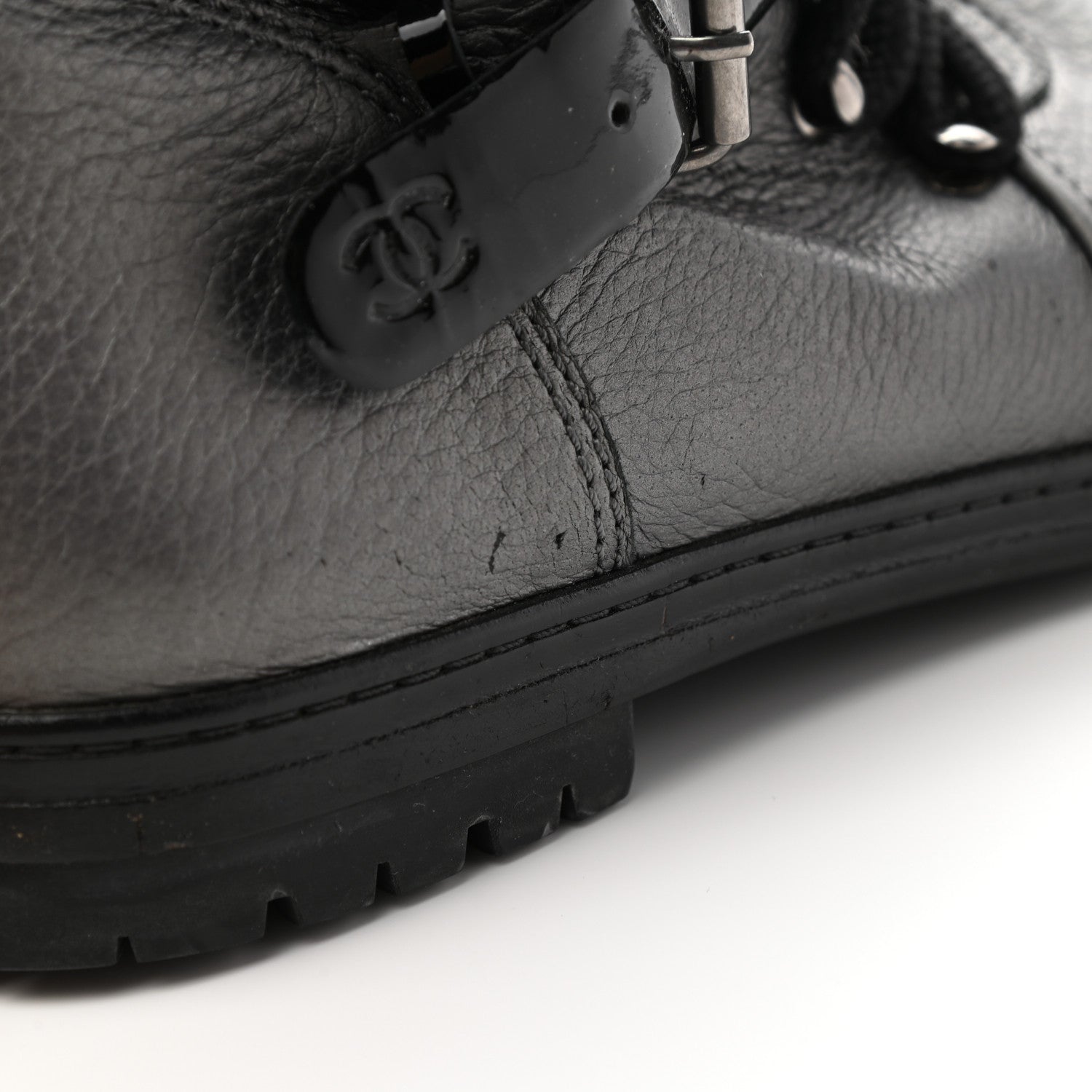 Chanel Metallic Grained Calfskin Patent Cap Toe Combat Short Boots 37.5 Dark Silver 12 of 15