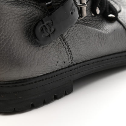 Chanel Metallic Grained Calfskin Patent Cap Toe Combat Short Boots 37.5 Dark Silver 12 of 15