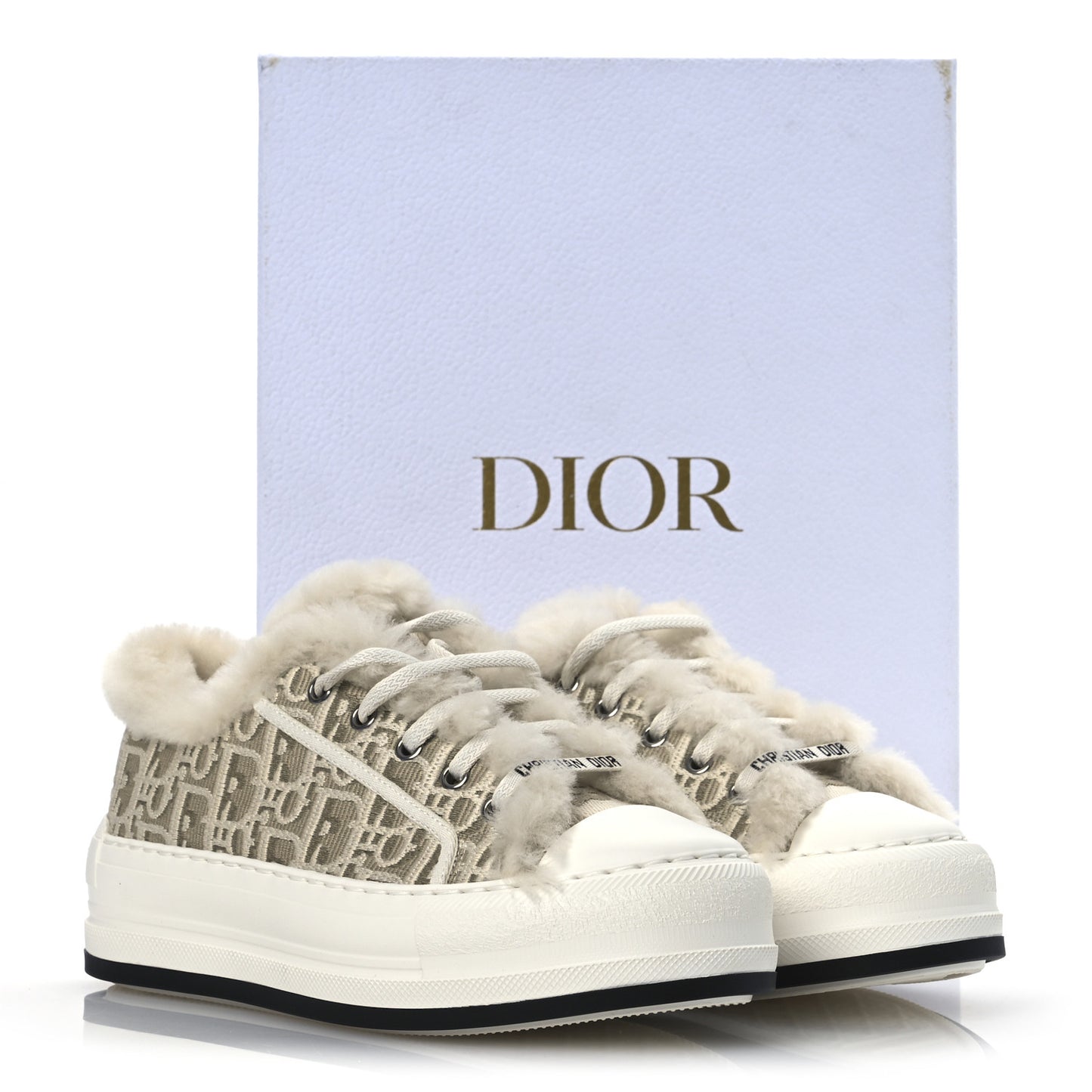 Canvas Oblique Shearling Walk'N'Dior Platform Sneakers  38.5 Beige Natural