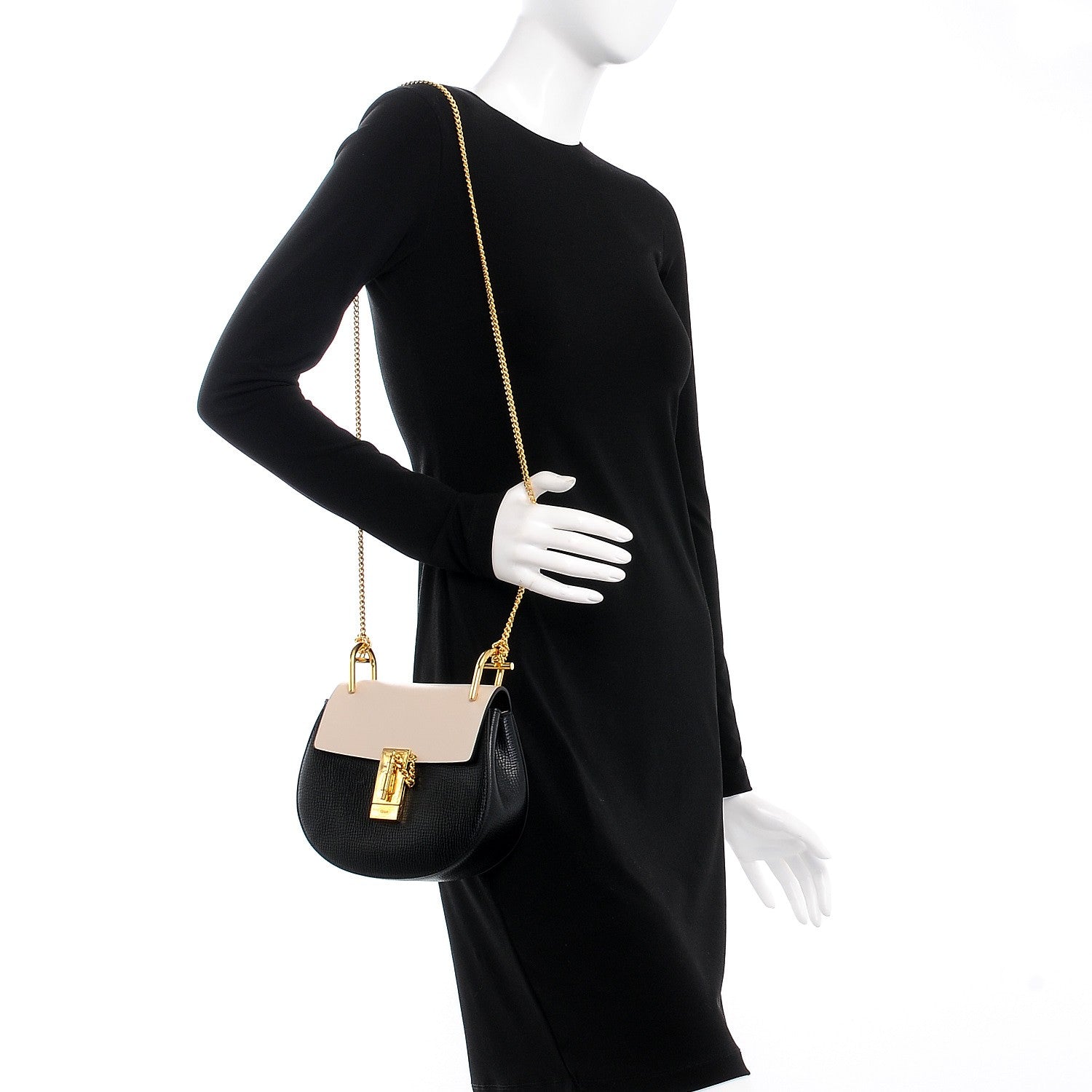 Chloe Grained Calfskin Lambskin Mini Bi-Color Drew Shoulder Bag Black Powder Beige 2 of 7