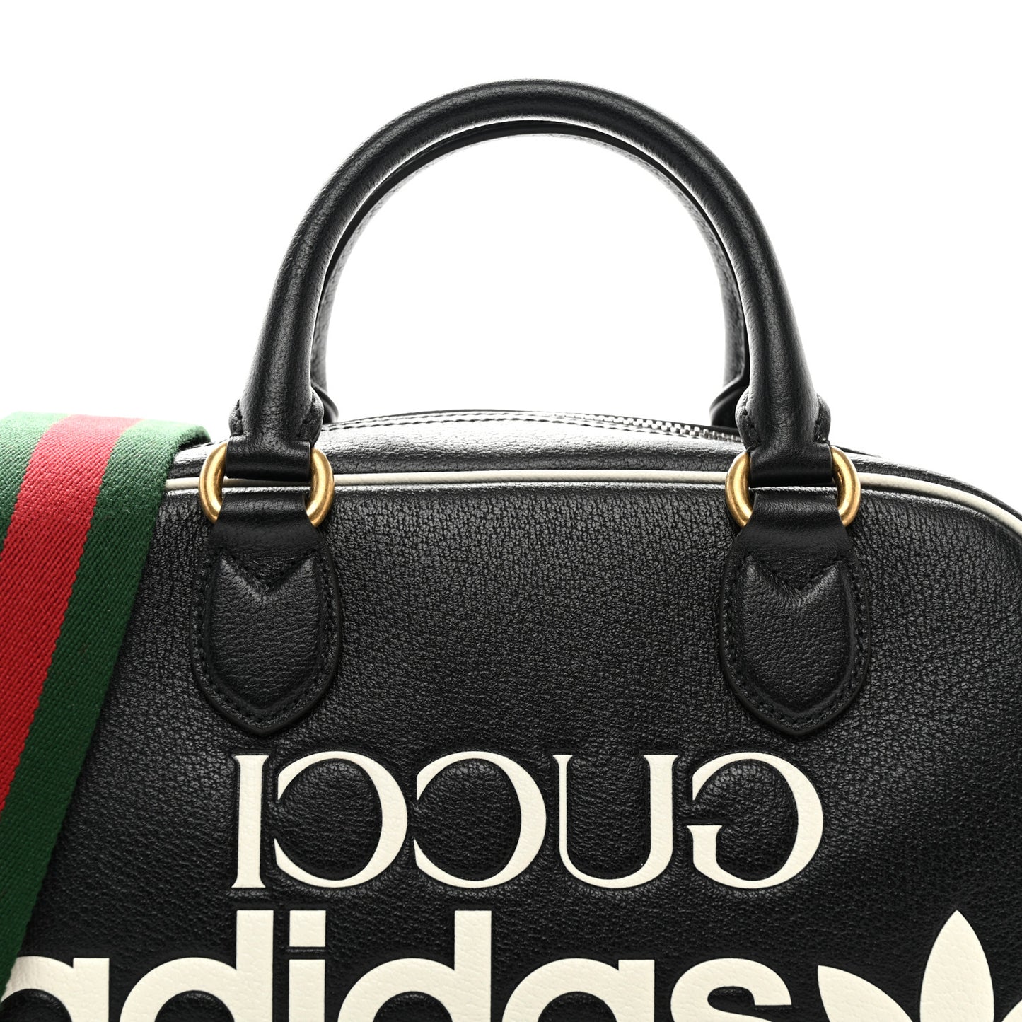 X ADIDAS Textured Dollar Calfskin Web Trefoil Logo Embossed Mini Bowling Bag Black Off White
