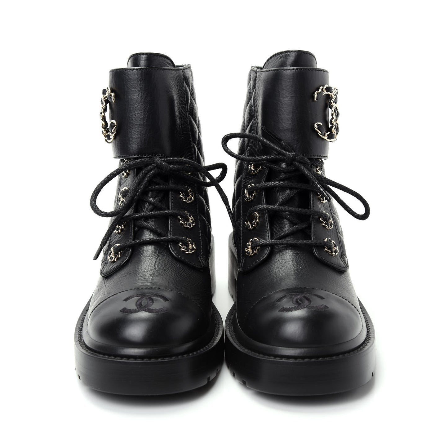 Shiny Goatskin Calfskin Quilted Lace Up Combat Boots 37 Black