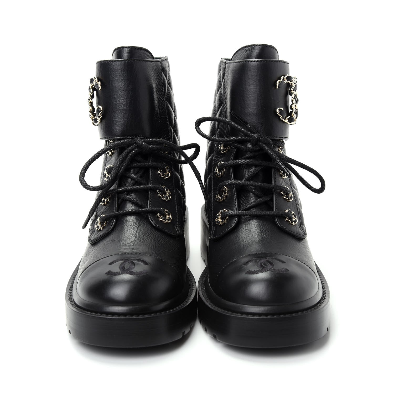 Chanel Shiny Goatskin Calfskin Quilted Lace Up Combat Boots 37 Black 2 of 11
