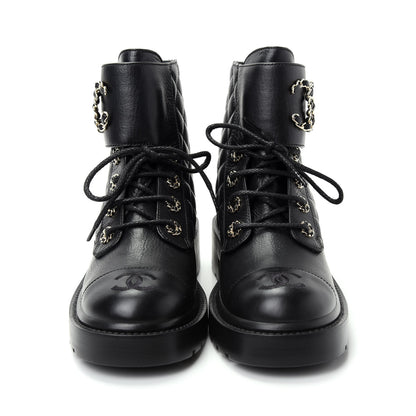 Chanel Shiny Goatskin Calfskin Quilted Lace Up Combat Boots 37 Black 2 of 11