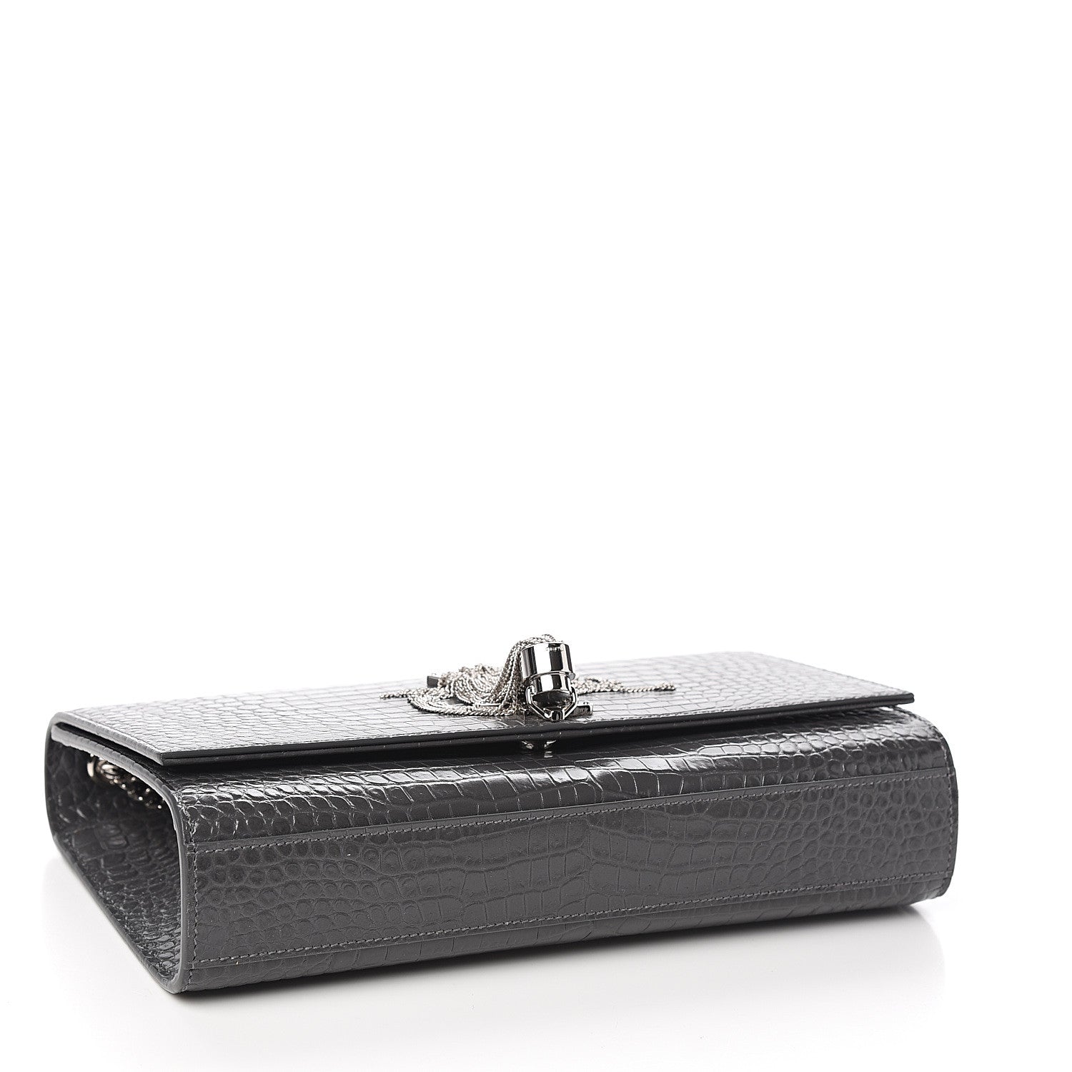Saint Laurent Calfskin Crocodile Embossed Medium Classic Monogram Kate Tassel Satchel Fog 3 of 8